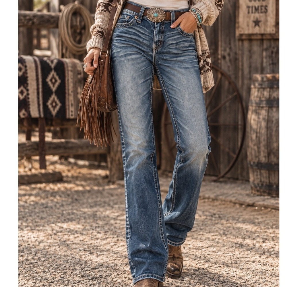 Silver Jeans Co Suki Straight Medium Wash Whiskered Denim Western W30 L32 Tall